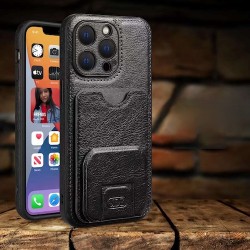 IPhone 15 - Protection arrière-Cuir-Noir-Cartes